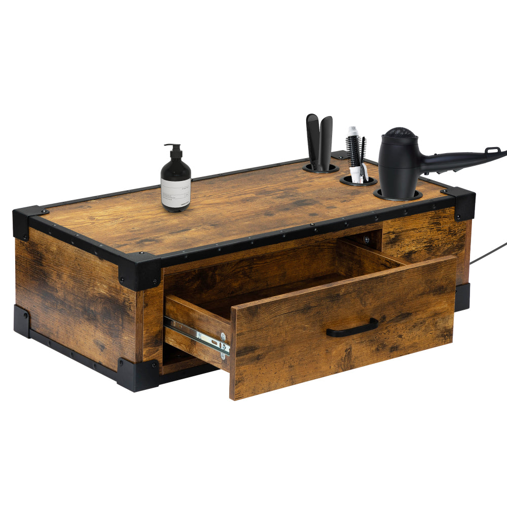 Wall-Mounted Wooden Salon Station, Beauty Styling Table, with 3 Holes for Hair Dryer, Curling Iron