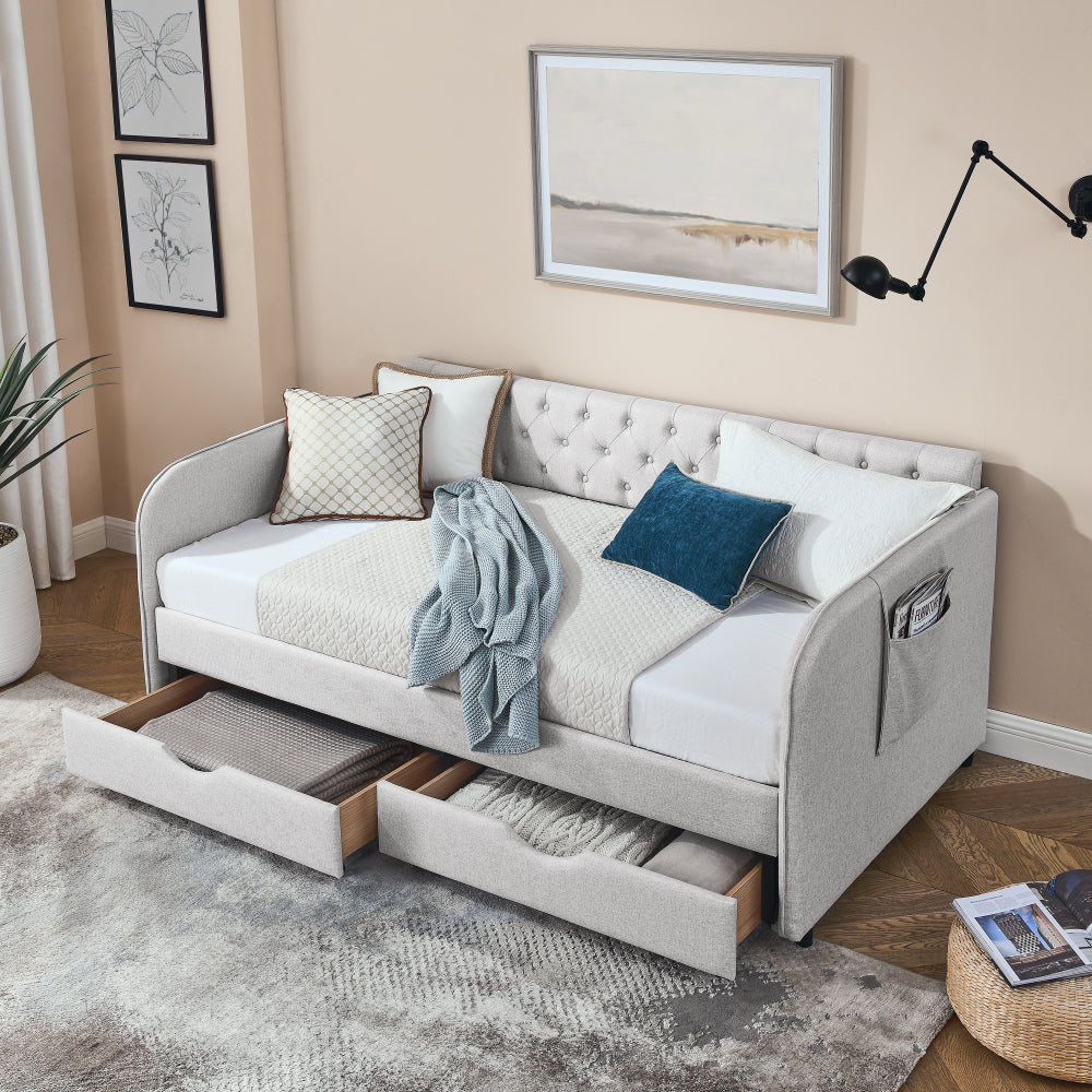 Twin Size Upholstery Daybed with Trundle Bed and Two Storage Drawers , Flat Arms with Pocket, Extendable Daybed for Bedroom Living Room,Linen Beige