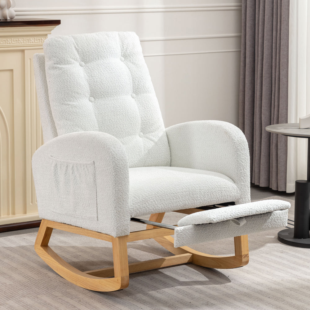 LY-5104 WHITE Accent Rocking  Chair with  Footrest High Back Rubber Wood Rocking Legs Bedroom Living Space   26.77D X 38.36W X 39.76H Inch