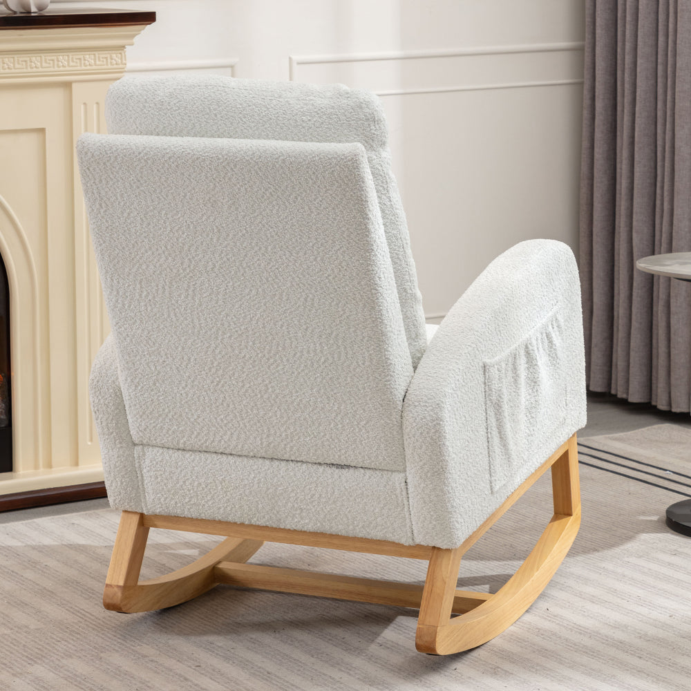 LY-5104 WHITE Accent Rocking  Chair with  Footrest High Back Rubber Wood Rocking Legs Bedroom Living Space   26.77D X 38.36W X 39.76H Inch
