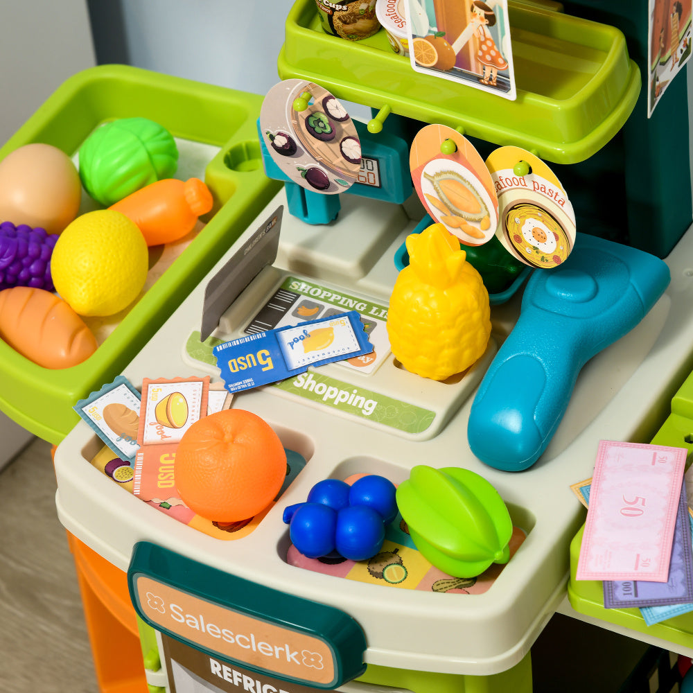58Pcs Grocery Store Pretend Play Kids Trolley with Cash Register Stand, Foldable Play Store for Kids with Scanner, Play Food Vegetable, Extra Storage for Boys and Girls Ages 3-6 Years Old