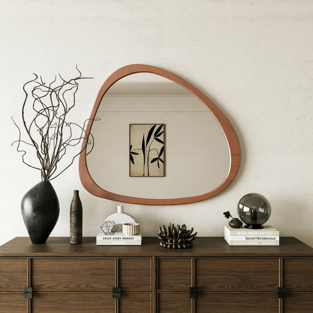 Solid Wood Mirror 45 Inch Asymmetrical Wall Mirror Wooden Framed Mirror Large Sized Dressing Mirror, for Living Room, Bedroom, Bathroom, Hallway or Entry Way, Walnut