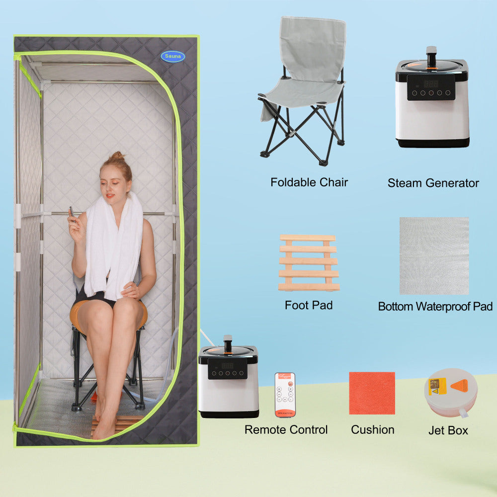 Portable Plus Type Full Size Steam Sauna tent. Spa, Detox ,Therapy and Relaxation at home.Larger Space,Stainless Steel Pipes Connector Easy to Install, with FCC Certification--Black(Green binding)