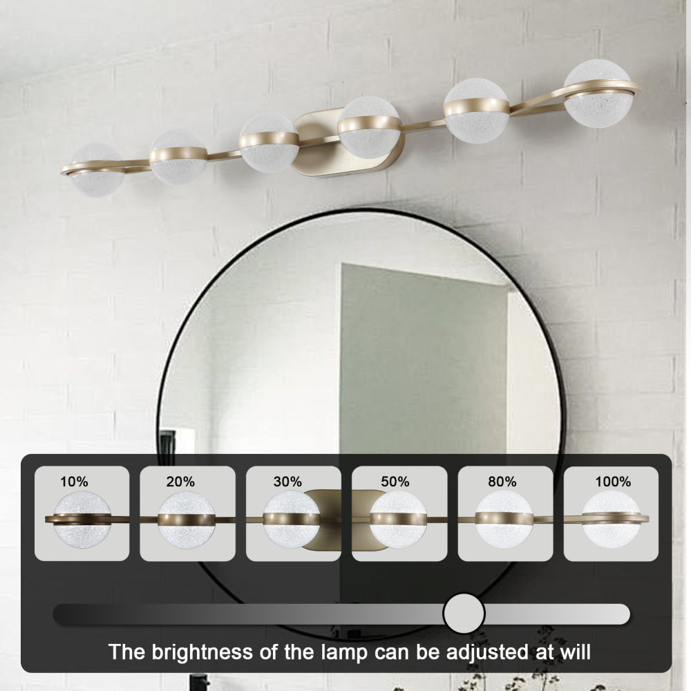 (Same as W1340P143676/L2001-G-6) 43" Gold Minimalist LED Bathroom Vanity Light with Crystal Sand Acrylic Shades, 6-Light Wall Mounted Decorative Lighting Fixture, Suitable for Bathroom Vanity Mirror