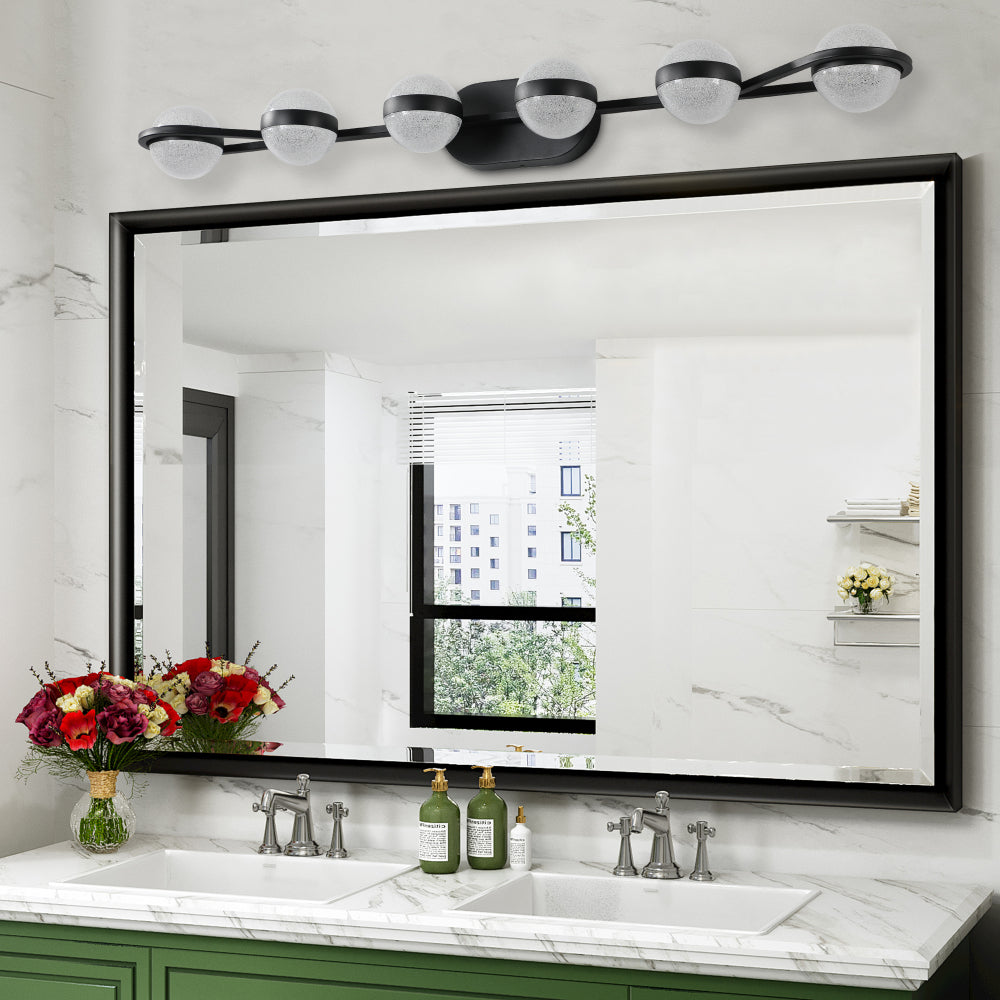 (Same as W1340P143680/LL2001-B-6) 43" Black Minimalist LED Bathroom Vanity Light with Crystal Sand Acrylic Shades,6-Light Wall Mounted Decorative Lighting Fixture, Suitable for Bathroom Vanity Mirror