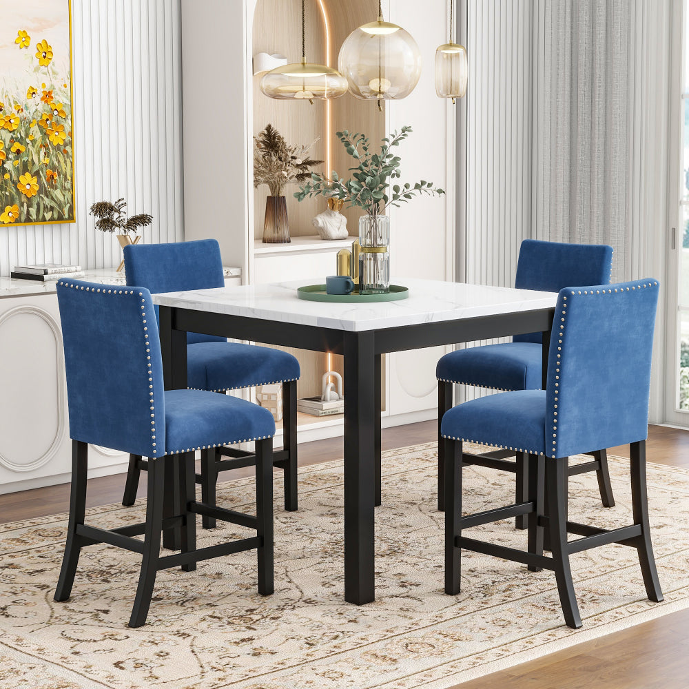 5-piece Counter Height Dining Table Set with One Faux Marble Top Dining Table and Four Velvet-Upholstered Chairs,Black