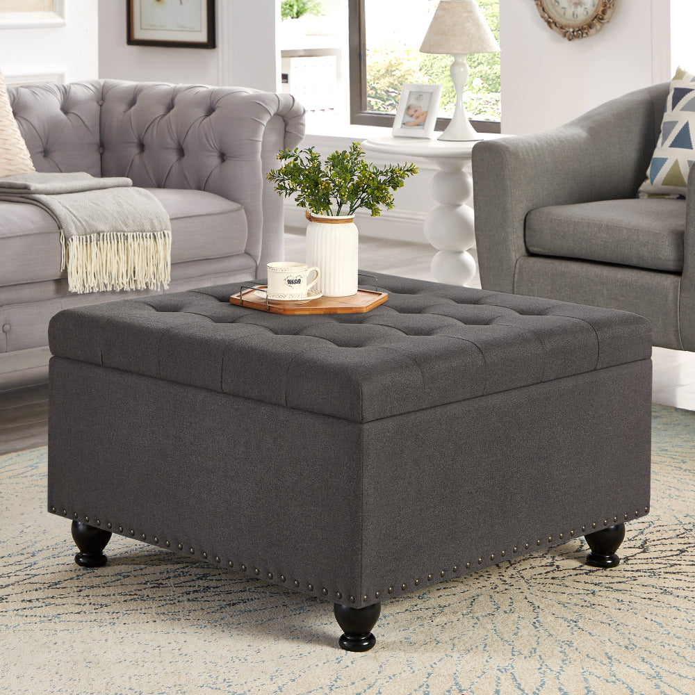 Large square storage ottoman with wooden legs, Upholstered button tufted coffee table with nail trims for Living Space, Black