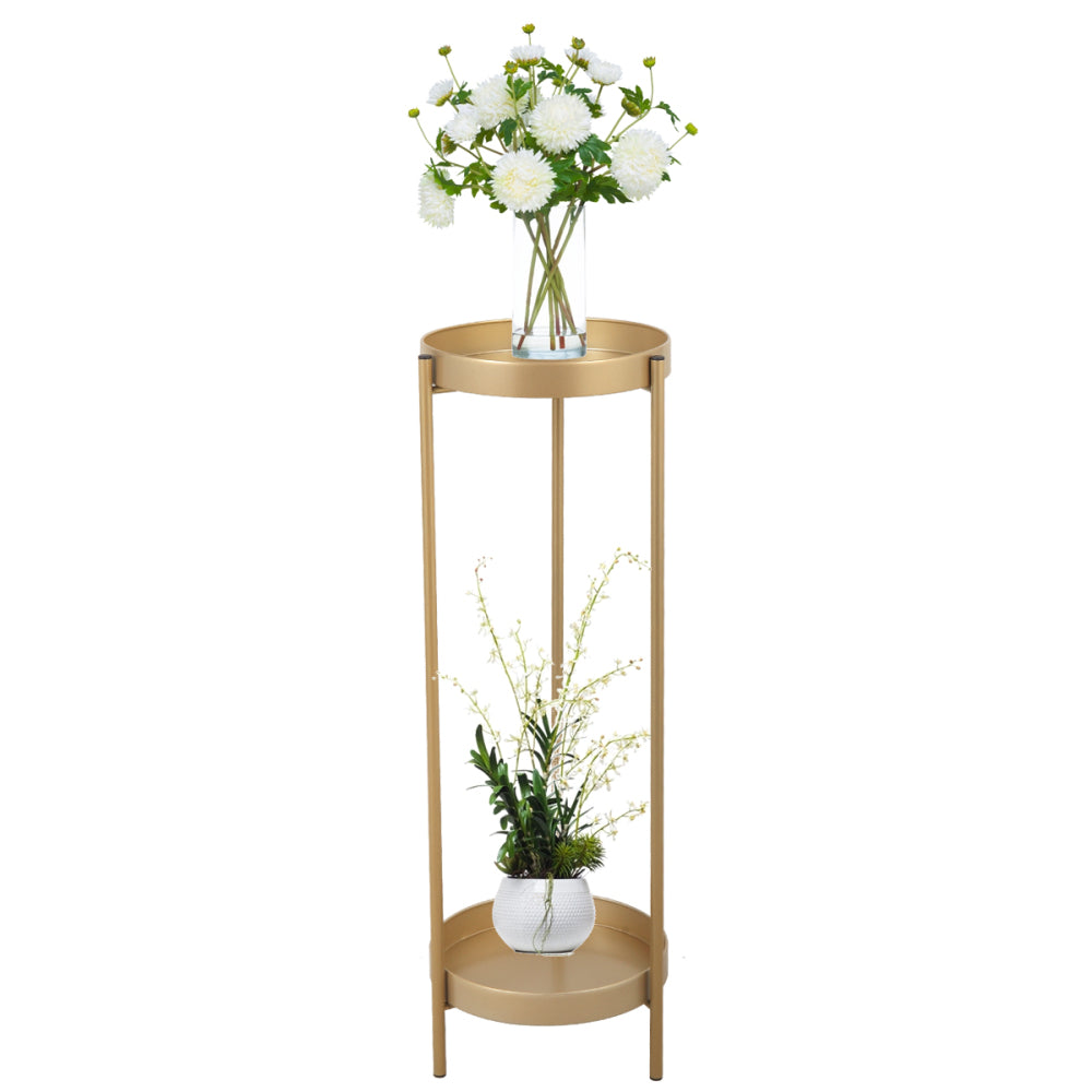 Modern Folding Metal 2-Tier Plant Stand Potted Plant Holder Shelf with 2 Round Trays Indoor Outdoor, Versatile, Golden