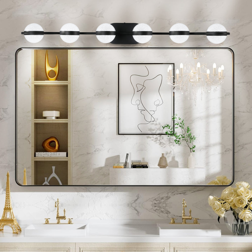 (Same as W1340P143680/LL2001-B-6) 43" Black Minimalist LED Bathroom Vanity Light with Crystal Sand Acrylic Shades,6-Light Wall Mounted Decorative Lighting Fixture, Suitable for Bathroom Vanity Mirror
