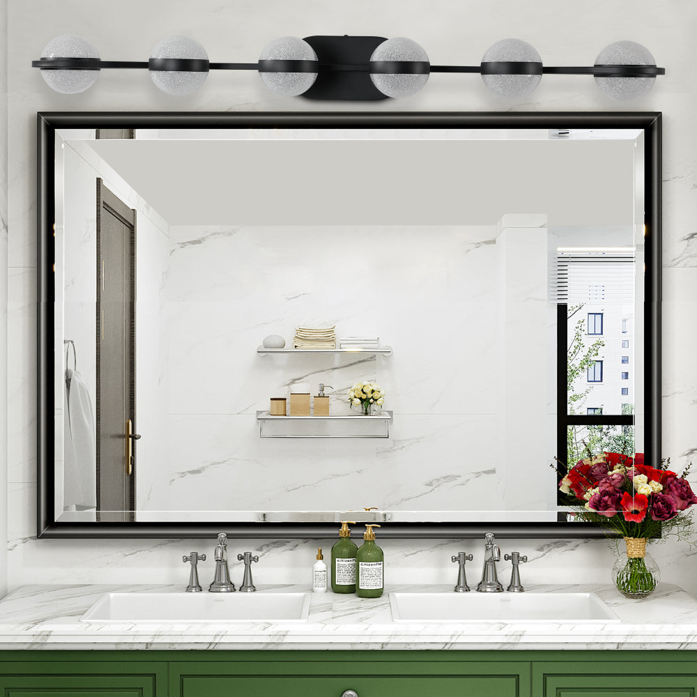 (Same as W1340P143680/LL2001-B-6) 43" Black Minimalist LED Bathroom Vanity Light with Crystal Sand Acrylic Shades,6-Light Wall Mounted Decorative Lighting Fixture, Suitable for Bathroom Vanity Mirror