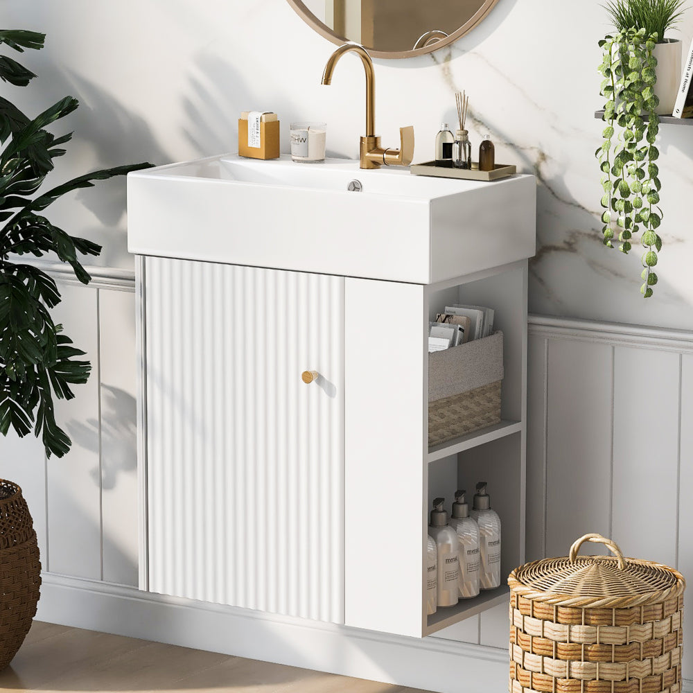 21.6" white Bathroom vanity, Combo Cabinet, Bathroom Storage Cabinet, Single Ceramic Sink, Left side storage
