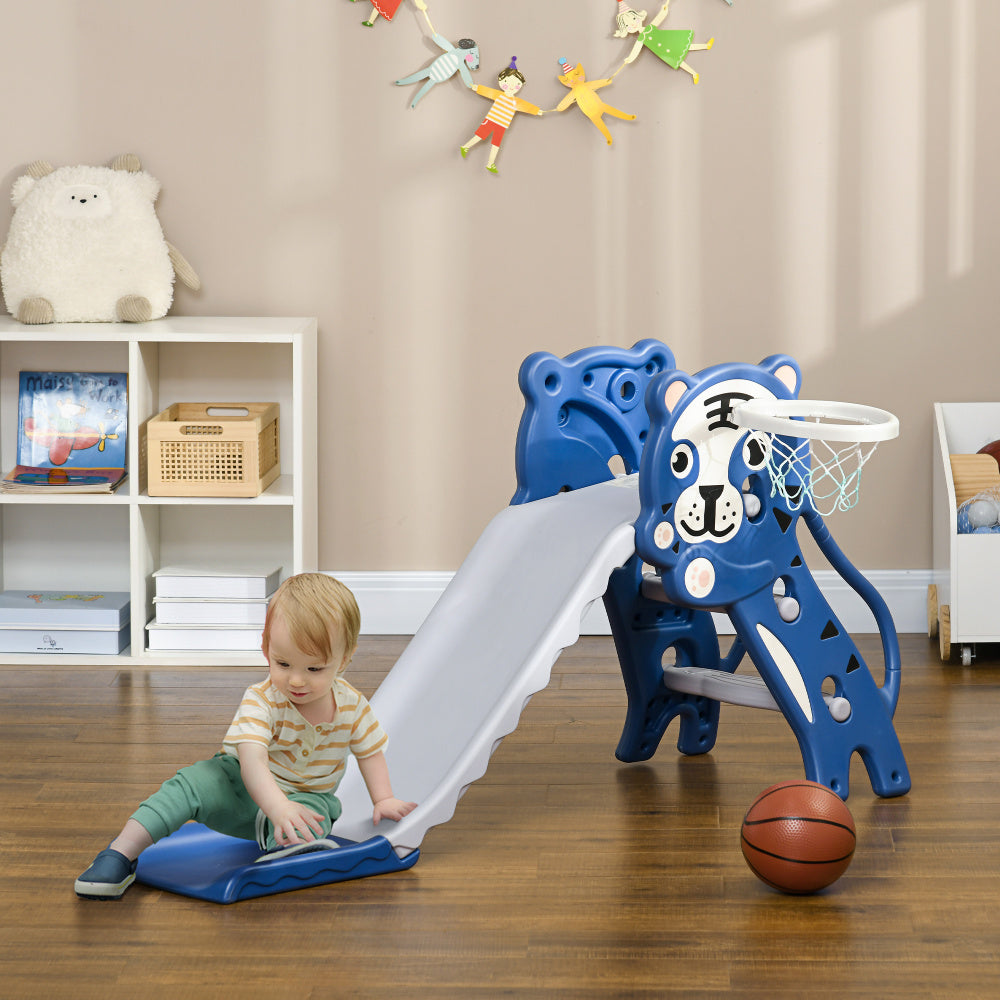 2 in 1 Toddler Slide for Indoors, Toy for Toddler, Easy Set Up Baby Slide with Basketball Hoop for Kids 18-36 Months, Blue
