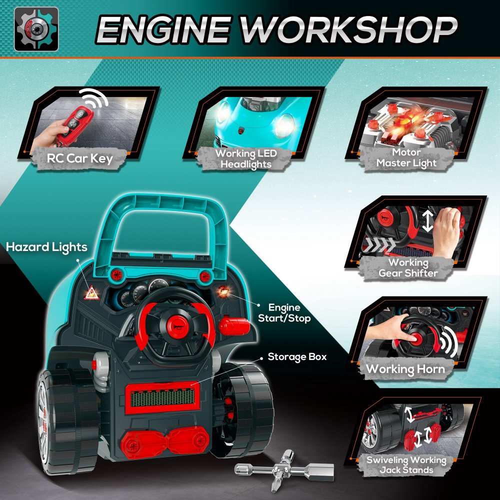Kids Truck Engine Toy, Kids Mechanic Car Repair Set, Engine Disassembly Play Workshop, Includes 61 Pieces, Steering Wheel, Horn, Light for 3-5 Years Old, Teal