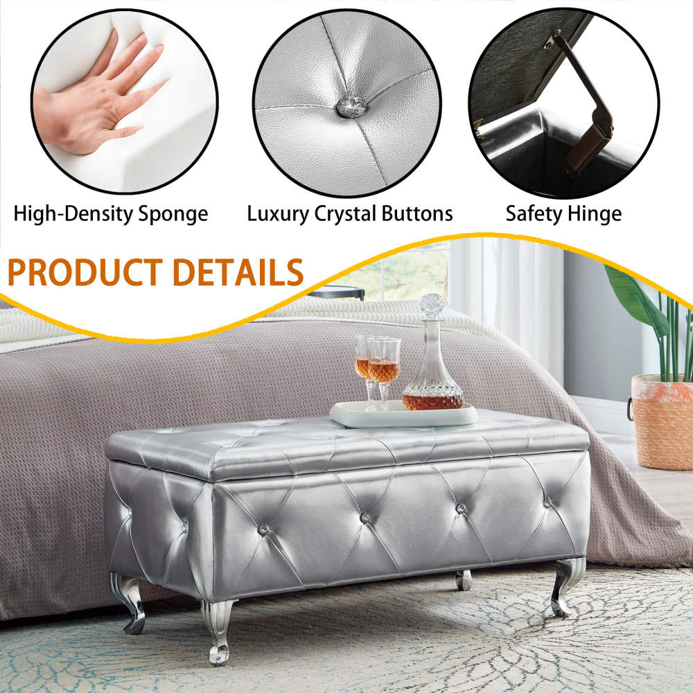 Upholstered Storage Ottoman Bench For Bedroom End Of Bed Faux Leather Rectangular Storage Benches Footrest With Crystal Buttons For Living Room Entryway (Silver)