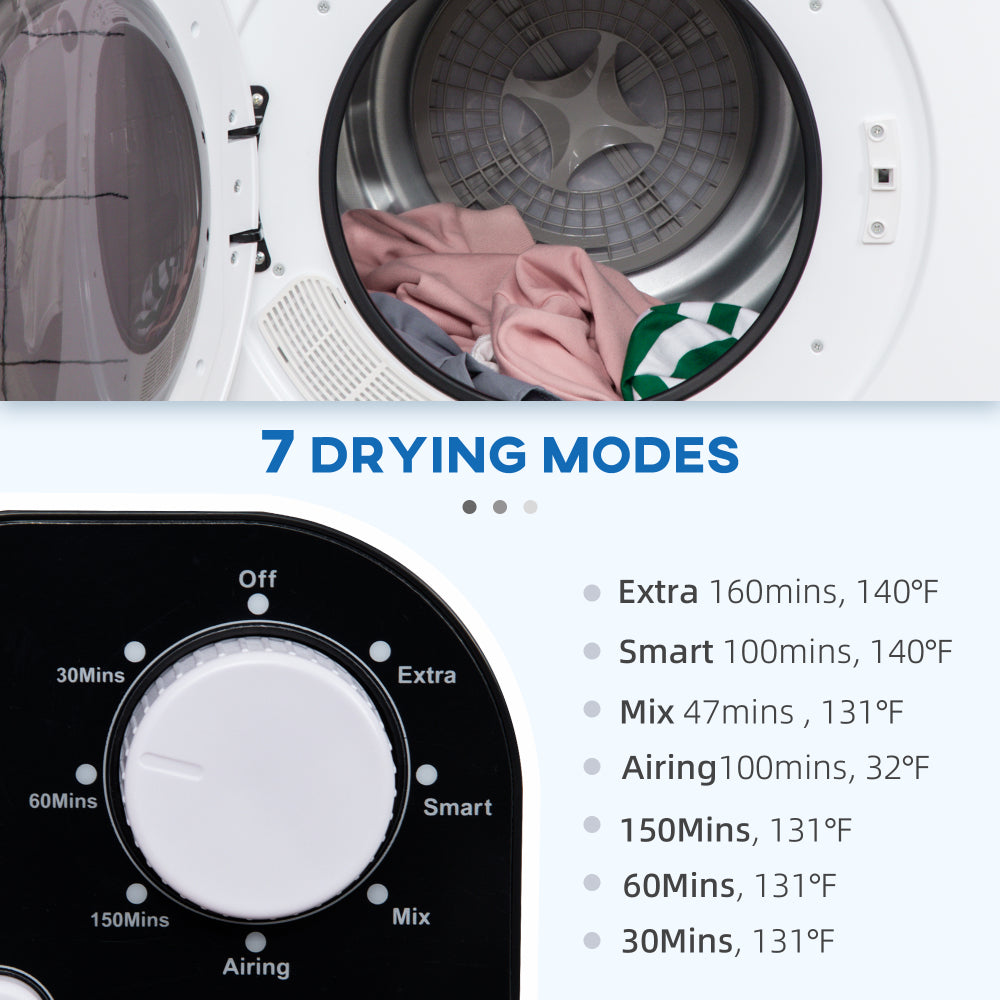 HOMCOM Portable Clothes Dryer, 120V 1300W Compact Laundry Dryer with Intelligent Drying, 3.2 cu.ft Stainless Steel Drum, Front Load Electric Dryer for Apartments, Dorms, RVs, White