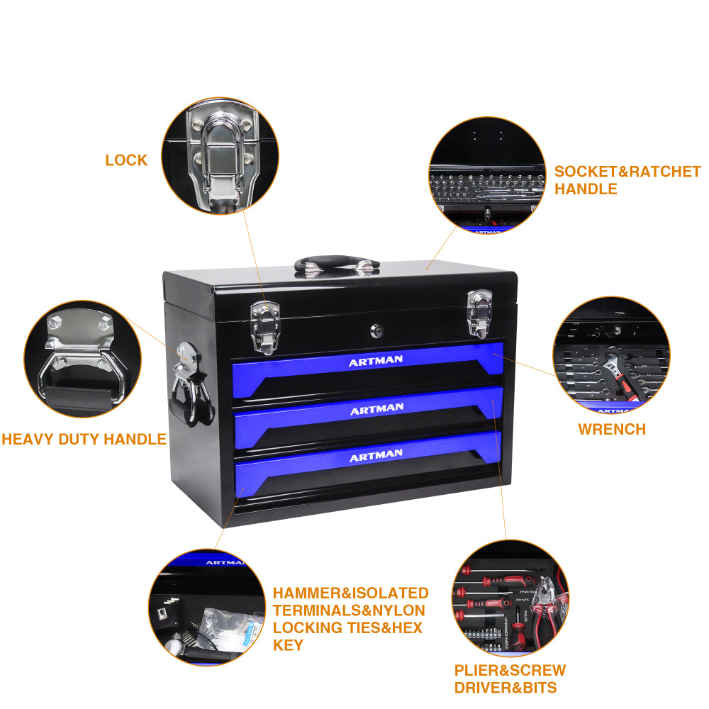 20'' Portable 3-Drawer Steel Toolbox, 4 Layers of Tools with Metal Latches, with Top Storage Tray and carrying Handle, Multi-Function Tool Storage for Garage, Home, or Workbench ,Black&Blue