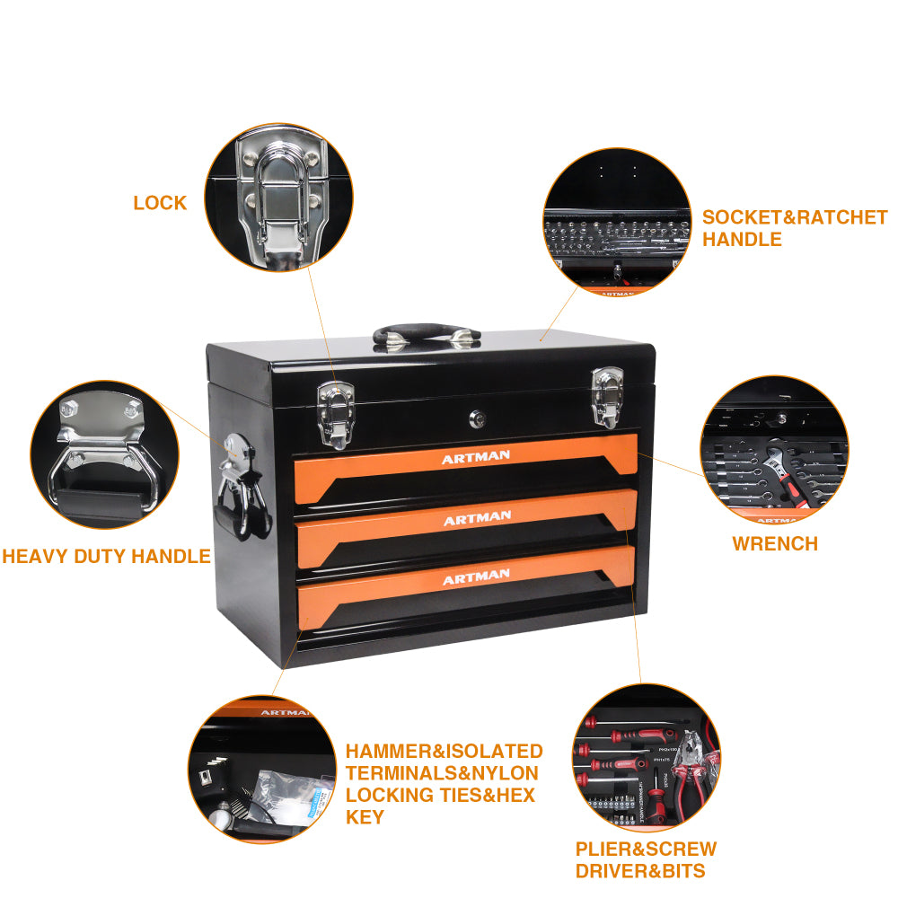 20'' Portable 3-Drawer Steel Toolbox, 4 Layers of Tools with Metal Latches, with Top Storage Tray and carrying Handle, Multi-Function Tool Storage for Garage, Home, or Workbench ,Black&Orange