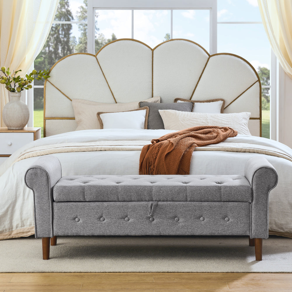 62" Bedroom Tufted Button Storage Bench, Modern Fabric Upholstered Ottoman, Window Bench, Rolled Arm Design for Bedroom, Living Room, Foyer (Grey)