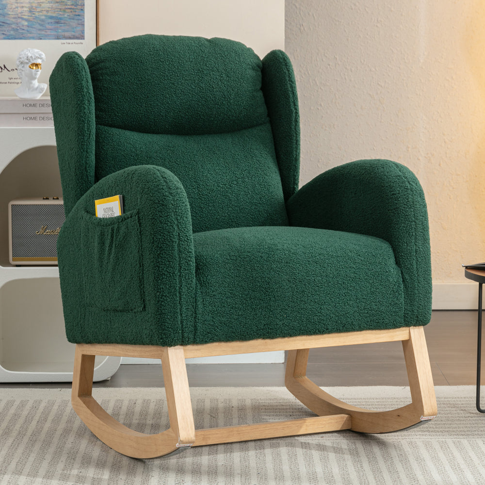 049-Teddy Fabric Rocking Chair With Packet Wood Legs,Ivory