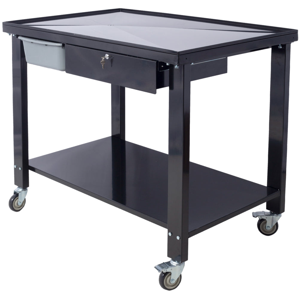 Transmission Teardown Work Station 1/2 Ton Capacity Sloping Drain Table Locking Drawer Removable Drain Basin Full-Width Lower Shelf Four 4-Inch Caster Wheels  black