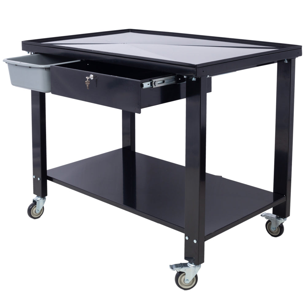 Transmission Teardown Work Station 1/2 Ton Capacity Sloping Drain Table Locking Drawer Removable Drain Basin Full-Width Lower Shelf Four 4-Inch Caster Wheels  black