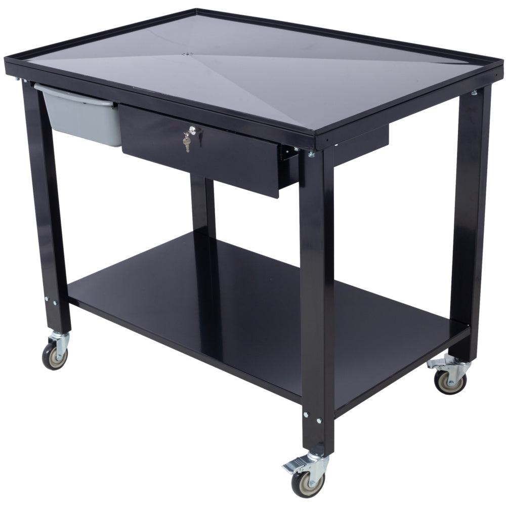 Transmission Teardown Work Station 1/2 Ton Capacity Sloping Drain Table Locking Drawer Removable Drain Basin Full-Width Lower Shelf Four 4-Inch Caster Wheels  black