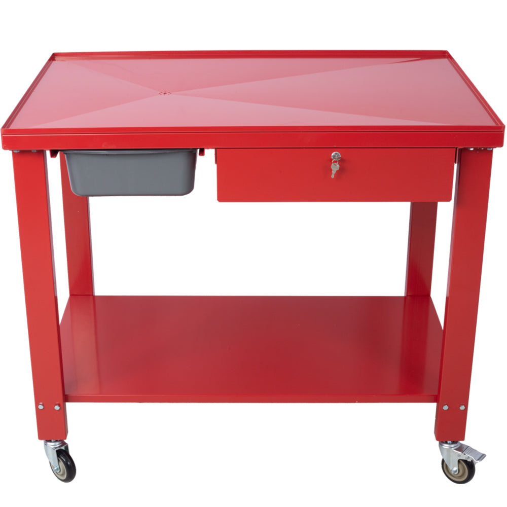 Transmission Teardown Work Station  1/2 Ton Capacity  Sloping Drain Table  Locking Drawer  Removable  Drain Basin Full-Width Lower Shelf  Four 4-Inch Caster Wheels