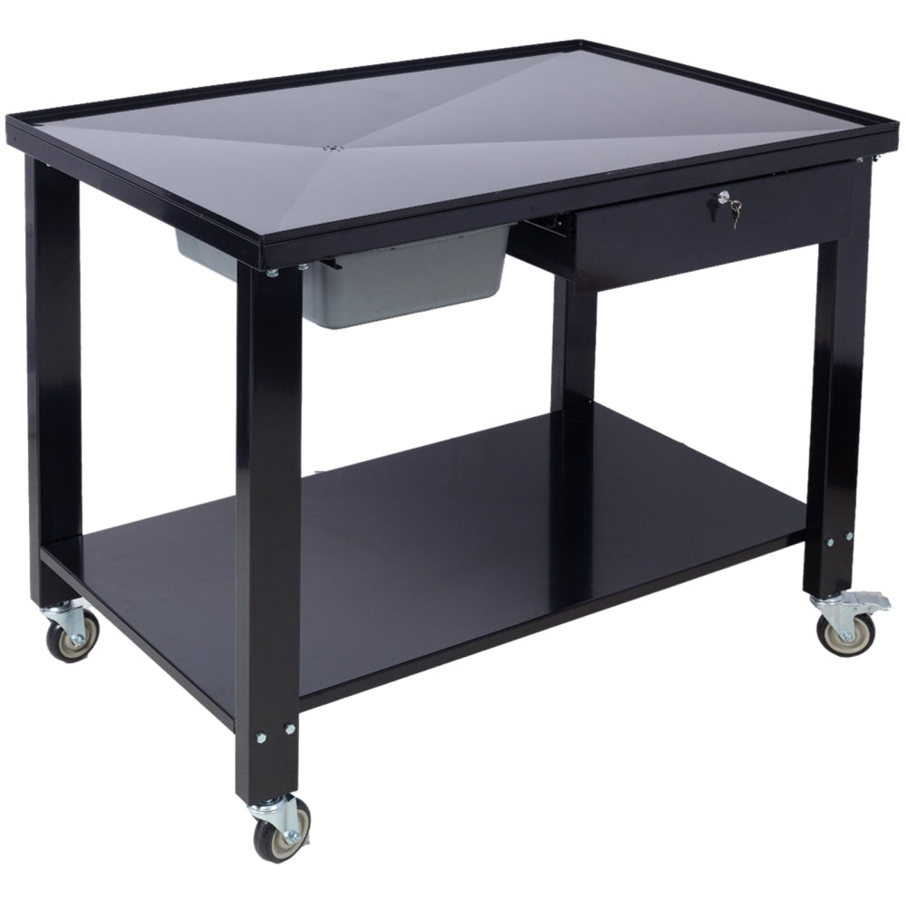 Transmission Teardown Work Station 1/2 Ton Capacity Sloping Drain Table Locking Drawer Removable Drain Basin Full-Width Lower Shelf Four 4-Inch Caster Wheels  black