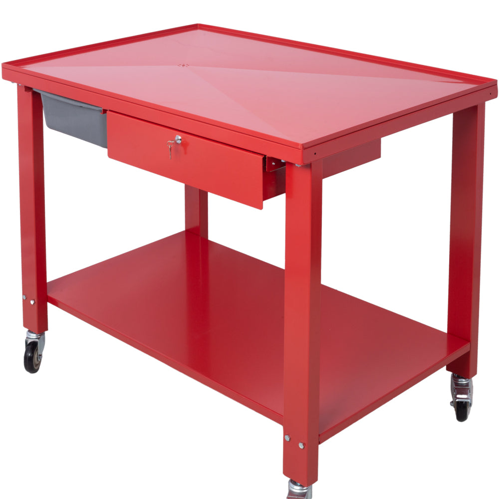 Transmission Teardown Work Station  1/2 Ton Capacity  Sloping Drain Table  Locking Drawer  Removable  Drain Basin Full-Width Lower Shelf  Four 4-Inch Caster Wheels