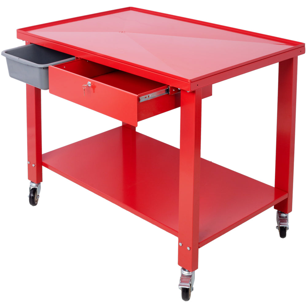 Transmission Teardown Work Station  1/2 Ton Capacity  Sloping Drain Table  Locking Drawer  Removable  Drain Basin Full-Width Lower Shelf  Four 4-Inch Caster Wheels