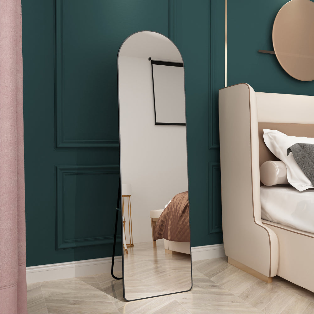 The 4st generation of floor mounted full length mirrors. Aluminum alloy metal frame arched wall mirror, bathroom makeup mirror, bedroom porch, clothing store, wall mounted. Black 65 "* 23" W1151125604