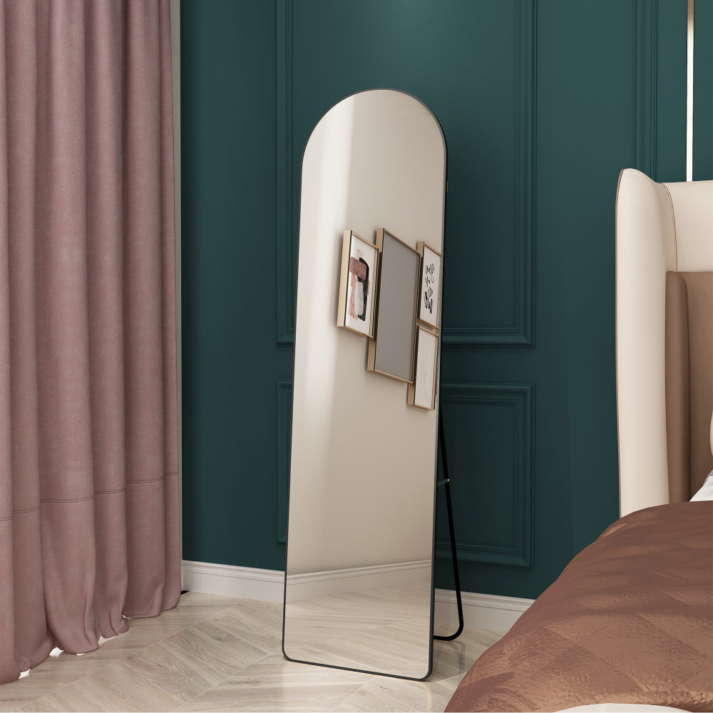 The 4st generation of floor mounted full length mirrors. Aluminum alloy metal frame arched wall mirror, bathroom makeup mirror, bedroom porch, clothing store, wall mounted.Black 59.8 "*16.5"W115112560