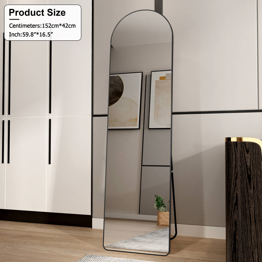 The 4st generation of floor mounted full length mirrors. Aluminum alloy metal frame arched wall mirror, bathroom makeup mirror, bedroom porch, clothing store, wall mounted.Black 59.8 "*16.5"W115112560