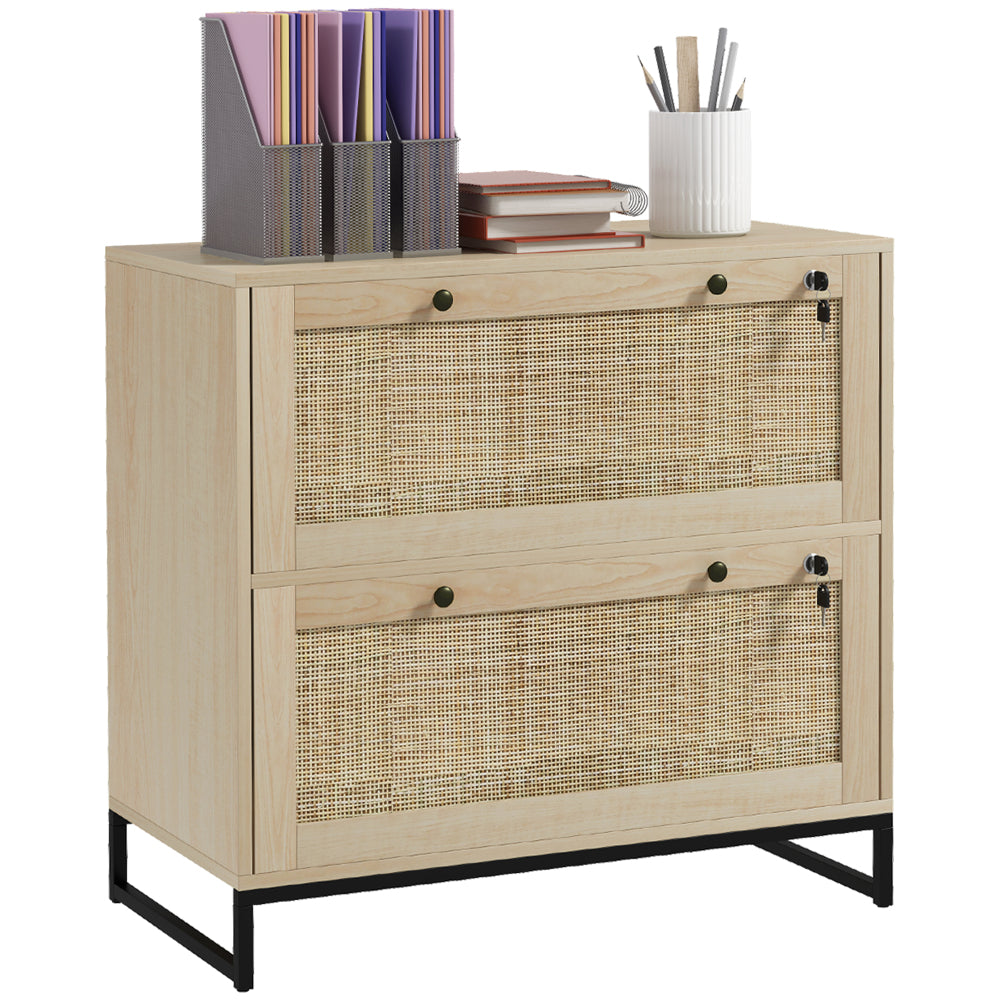 Vinsetto 2 Drawer File Cabinet with Lock, Vertical Filing Cabinet with Keys, Rattan Drawers and Adjustable Hanging Bar for Letter, A4 and Legal Size Paper, Natural