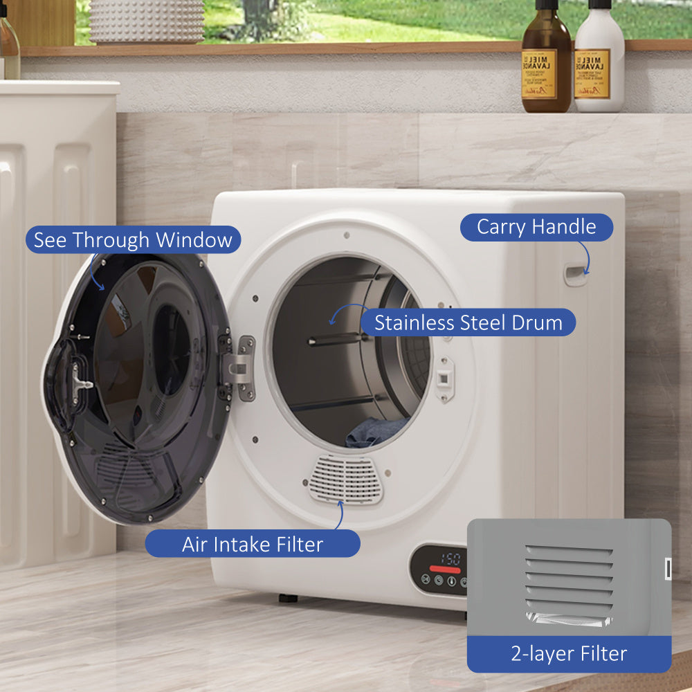 HOMCOM Portable Clothes Dryer, 120V 850W Compact Laundry Dryer with Intelligent Drying, 1.5 cu.ft Stainless Steel Drum, Front Load Electric Dryer for Apartments, Dorms, RVs, White