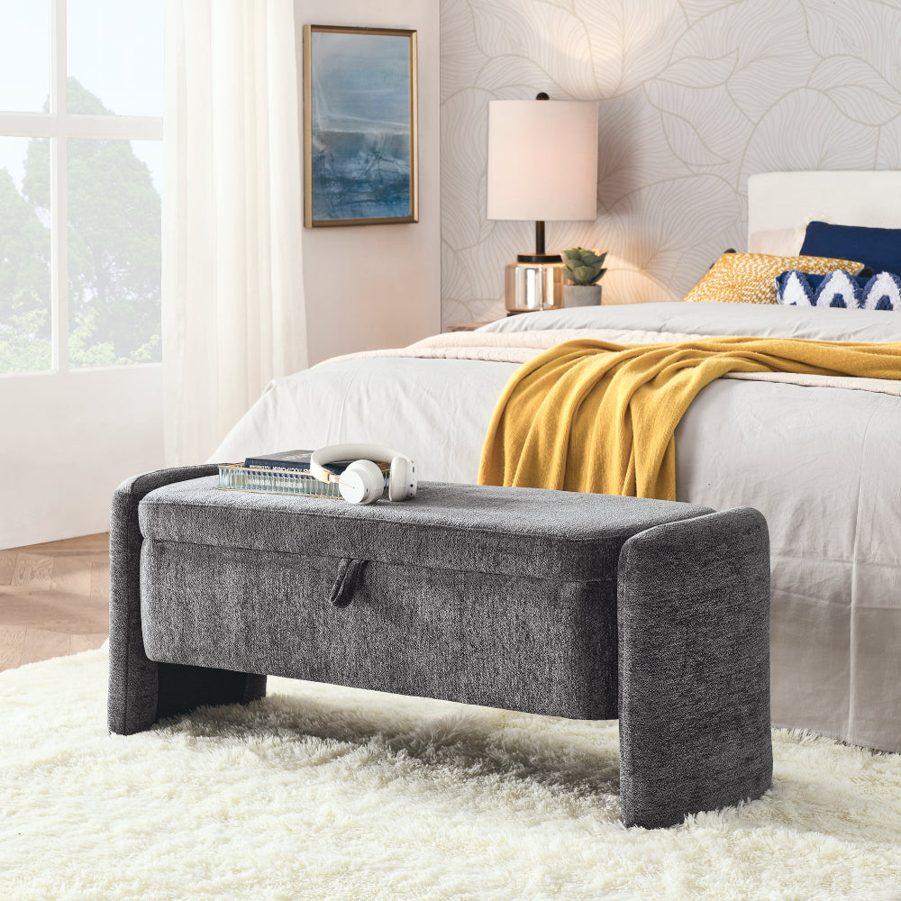 Ottoman Oval Storage Bench Chenille Fabric Bench with Large Storage Space for the Living Room, Entryway and Bedroom,gray