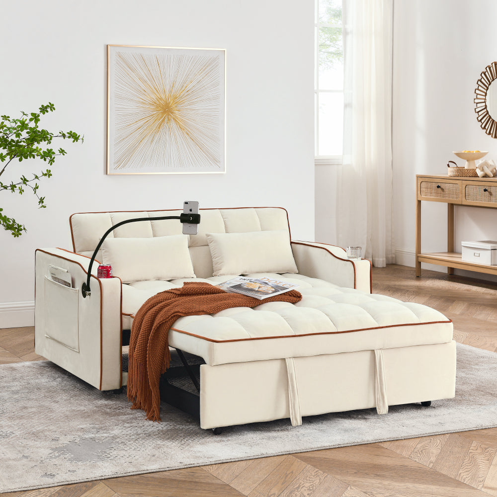 55.51 inch versatile foldable sofa bed in 3 lengths, modern sofa sofa sofa velvet pull-out bed, adjustable back and with USB port and ashtray and swivel phone stand (PINK)