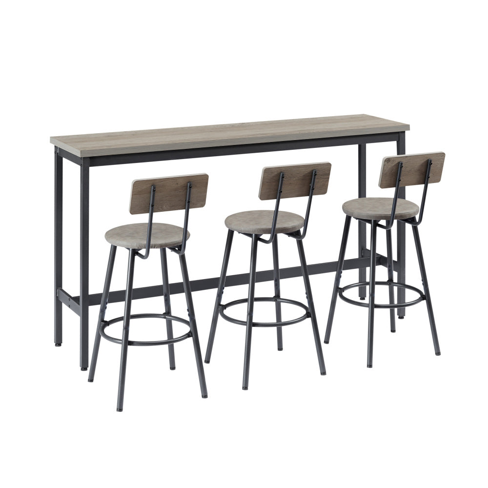 Long Bar Table Set with 3 PU Upholstered Bar Stools, Industrial Bar Table and Chairs for Kitchen Breakfast Table, Living Room, Banquet Hall, Rustic Gray and Black, 63″L x15.7"W x 37.5"H