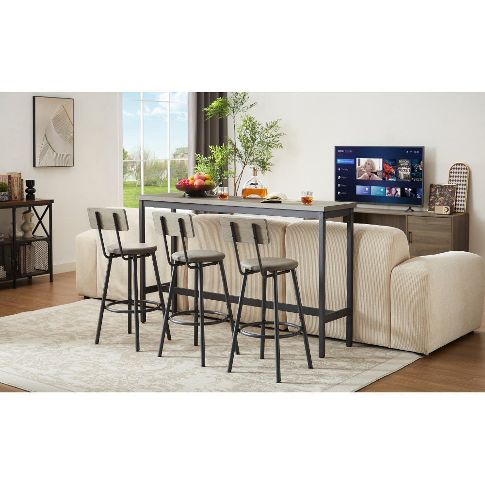Long Bar Table Set with 3 PU Upholstered Bar Stools, Industrial Bar Table and Chairs for Kitchen Breakfast Table, Living Room, Banquet Hall, Rustic Gray and Black, 63″L x15.7"W x 37.5"H