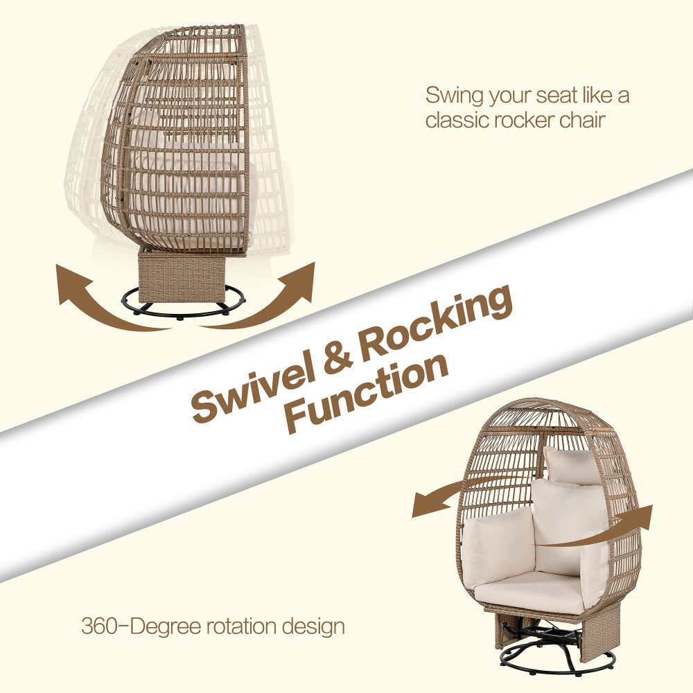 TREXM Outdoor Swivel Chair with Cushions, Rattan Egg Patio Chair with Rocking Function for Balcony, Poolside and Garden (Natural Wicker + Beige Cushion)