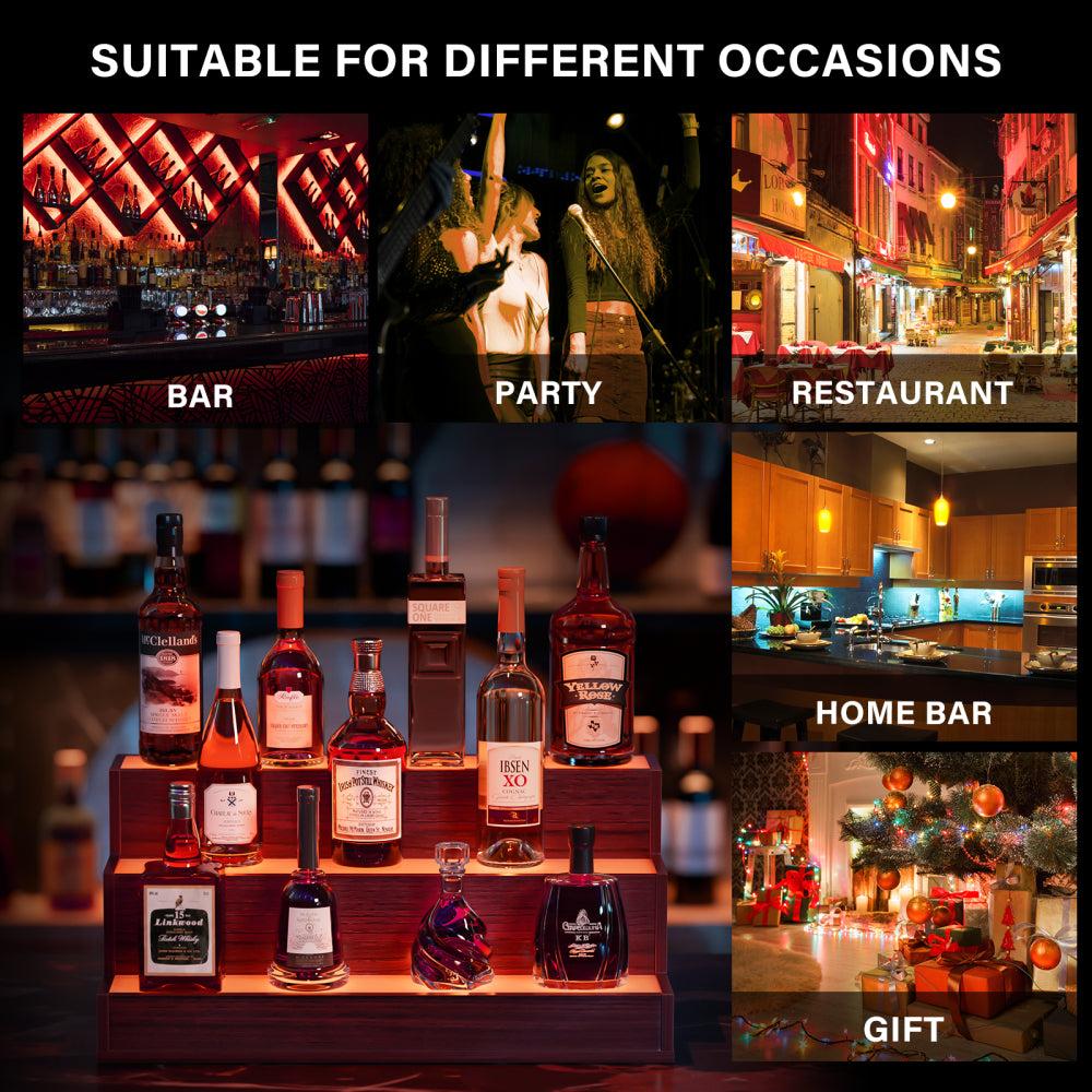 LED Lighted Liquor Bottle Display Shelf, 24 Inch Bar Display Shelf, DIY Illuminated Bottle Shelf with App & Remote Control, 3 Step Freestanding Holding Bottles for Home Bar, Party, Walnut