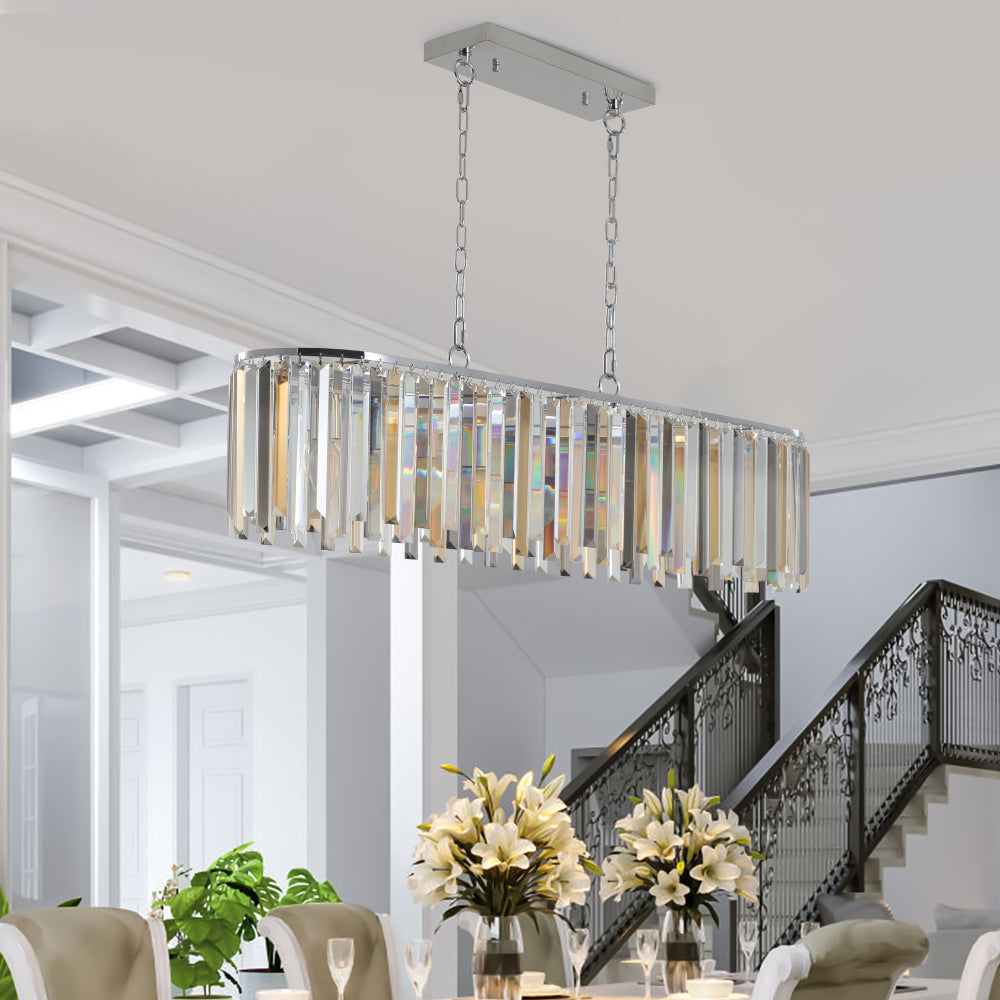 (NEW SKU:W1340P189407) 39" Modern Crystal Rectangle Pendant Chandelier with Chrome Finish – Elegant Light Fixture for Living Room, Dining Room, or Kitchen (Bulb Not Included)