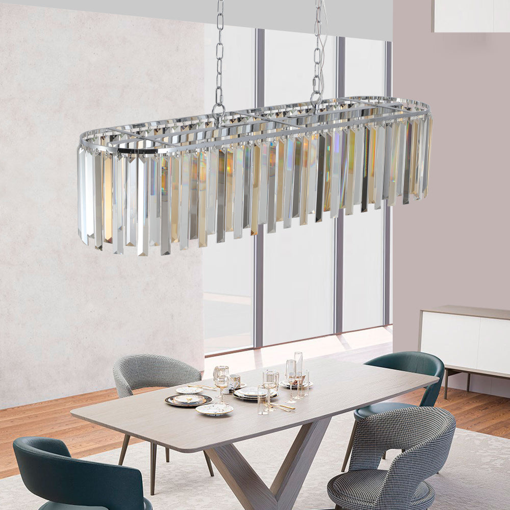 (NEW SKU:W1340P189407) 39" Modern Crystal Rectangle Pendant Chandelier with Chrome Finish – Elegant Light Fixture for Living Room, Dining Room, or Kitchen (Bulb Not Included)