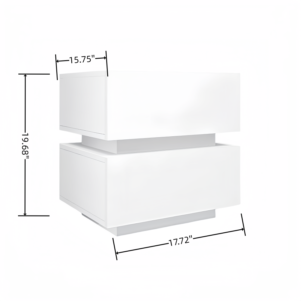White Color High Glossy 2 Drawers Bedside Table with RGB Led Light Nightstand with Bluetooth Control