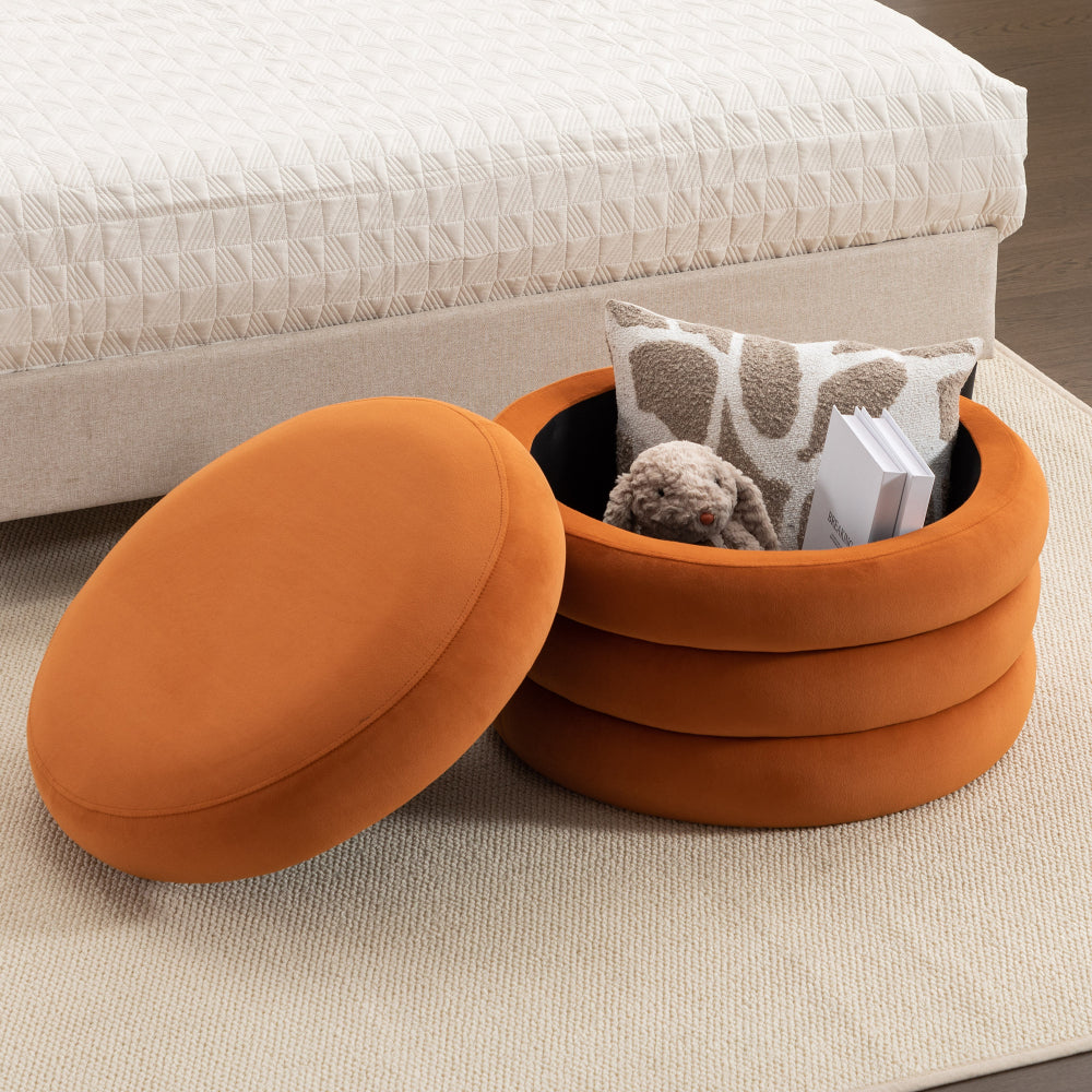 006-Soft Velvet  Round Ottoman Footrest Stool,Ivory