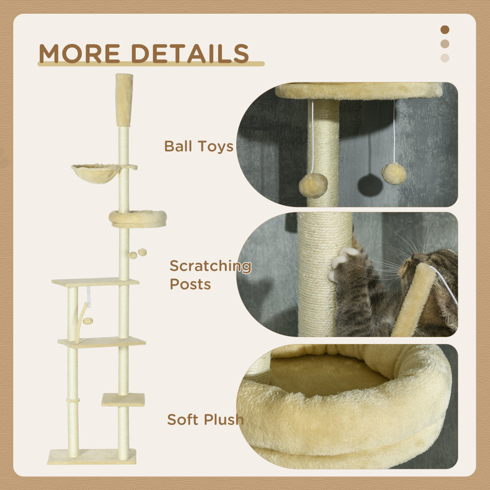 PawHut Floor to Ceiling Cat Tree, 90.5" - 98.5" Adjustable Height, Cat Climbing Tower with Carpeted Platforms, Cozy Bed, Hammock, Scratching Posts, Toy Balls, Activity Center for Kittens, Beige