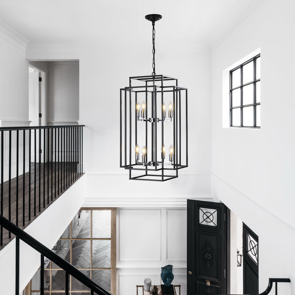 (Same as W1340142525/L1018-C) 18" Modern 8-Light Black & Chrome Geometric Pendant Chandelier, Industrial Metal Frame, Adjustable Hanging Light for Living Room, Dining Room, Kitchen (No Bulbs)