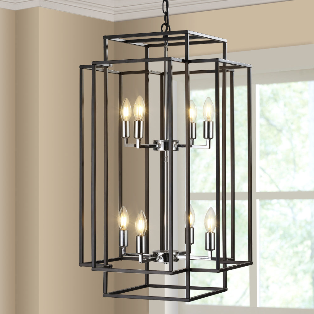 (Same as W1340142524/L1018-G) 18" Modern 8-Light Black Gold Geometric Pendant Chandelier, Industrial Metal Frame, Adjustable Hanging Light for Living Room, Dining Room, Kitchen (No Bulbs)
