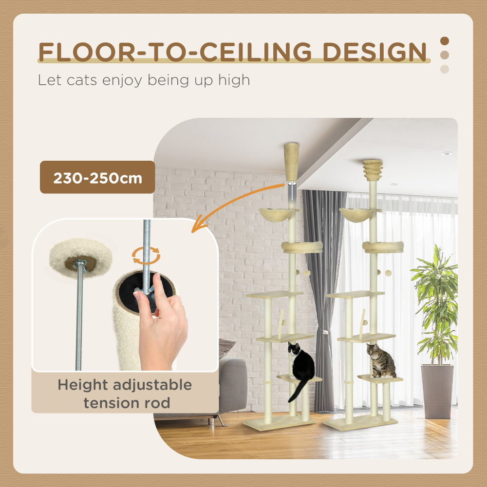 PawHut Floor to Ceiling Cat Tree, 90.5" - 98.5" Adjustable Height, Cat Climbing Tower with Carpeted Platforms, Cozy Bed, Hammock, Scratching Posts, Toy Balls, Activity Center for Kittens, Beige