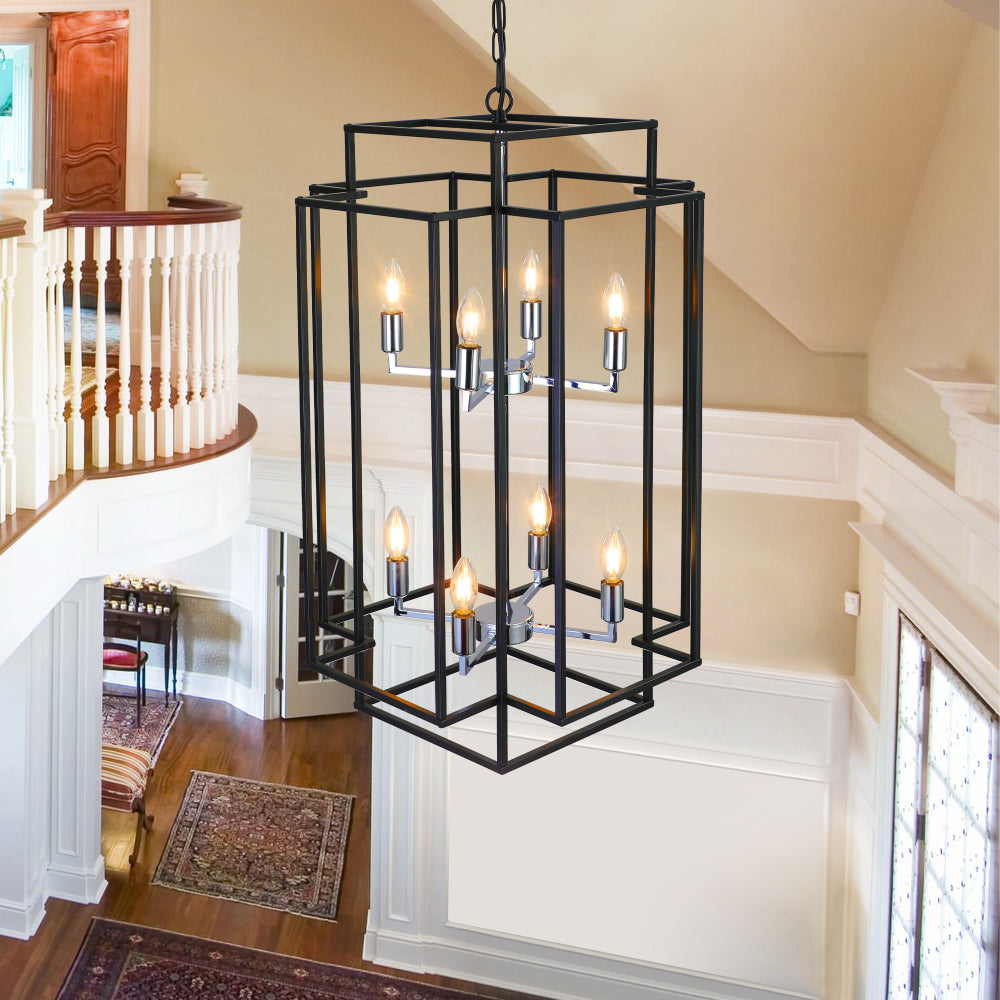 (Same as W1340142525/L1018-C) 18" Modern 8-Light Black & Chrome Geometric Pendant Chandelier, Industrial Metal Frame, Adjustable Hanging Light for Living Room, Dining Room, Kitchen (No Bulbs)